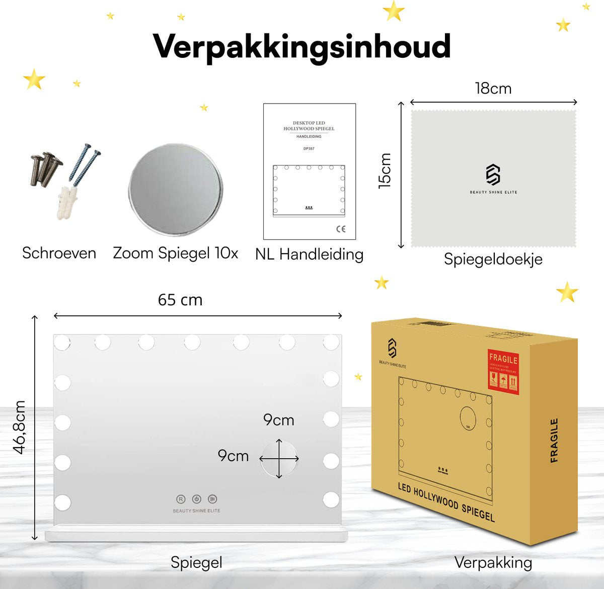Beauty Shine Elite - Grote Hollywood Spiegel met Verlichting - 65x46CM - USBC - 10xVergrotingsspiegel - drie lichtstanden - wit- dimbaar - visagie - 15 LED lampen - Make up spiegel met verlichting - make-up spiegel