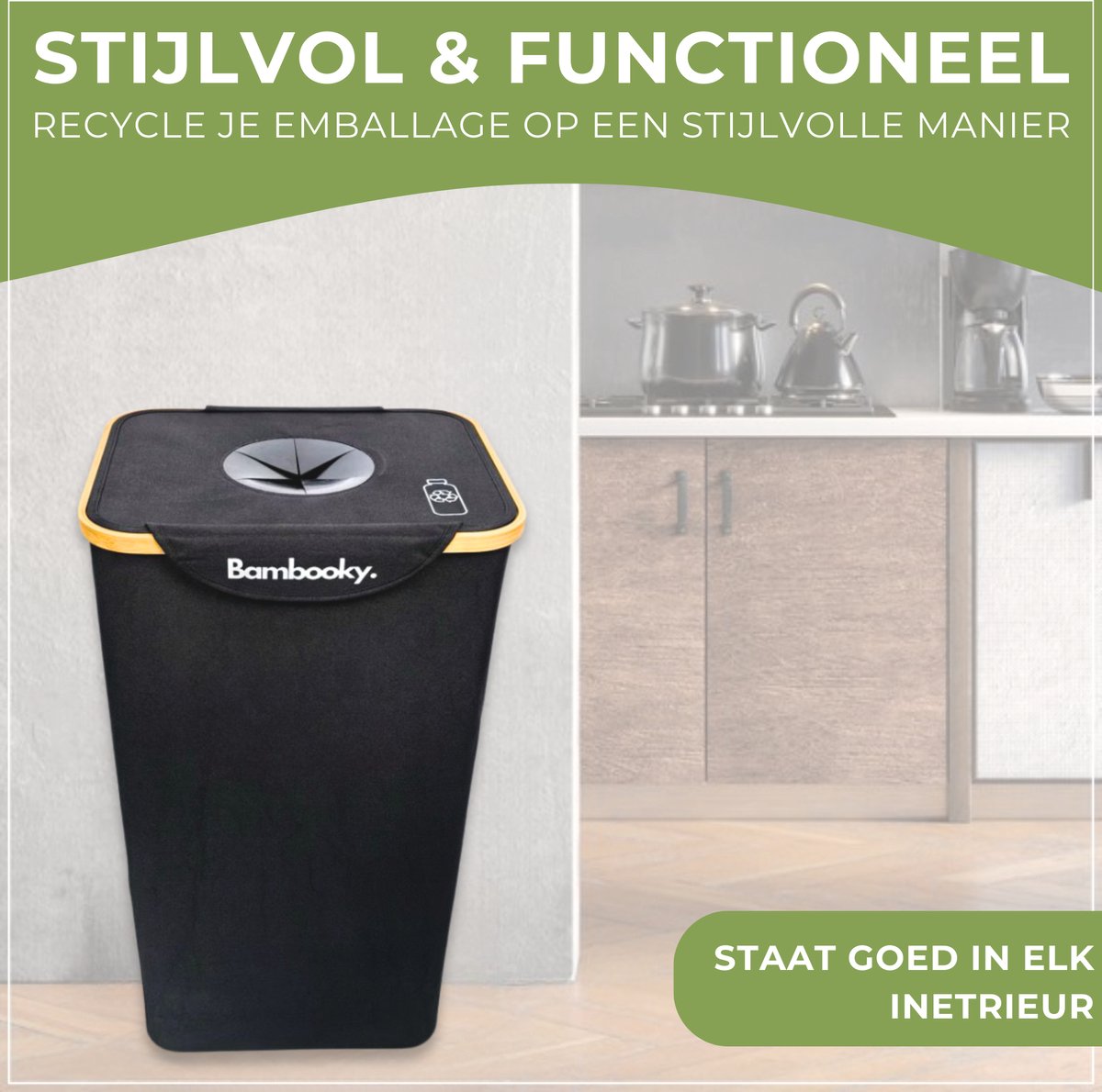 Bambooky. - Afvalscheiding - Recycle afvalbak - 100L - Statiegeld container - Lege Flessen - NEW MODEL 2024