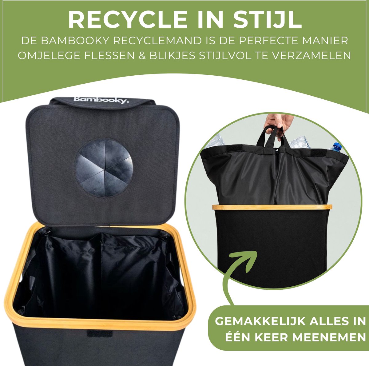 Bambooky. - Afvalscheiding - Recycle afvalbak - 100L - Statiegeld container - Lege Flessen - NEW MODEL 2024