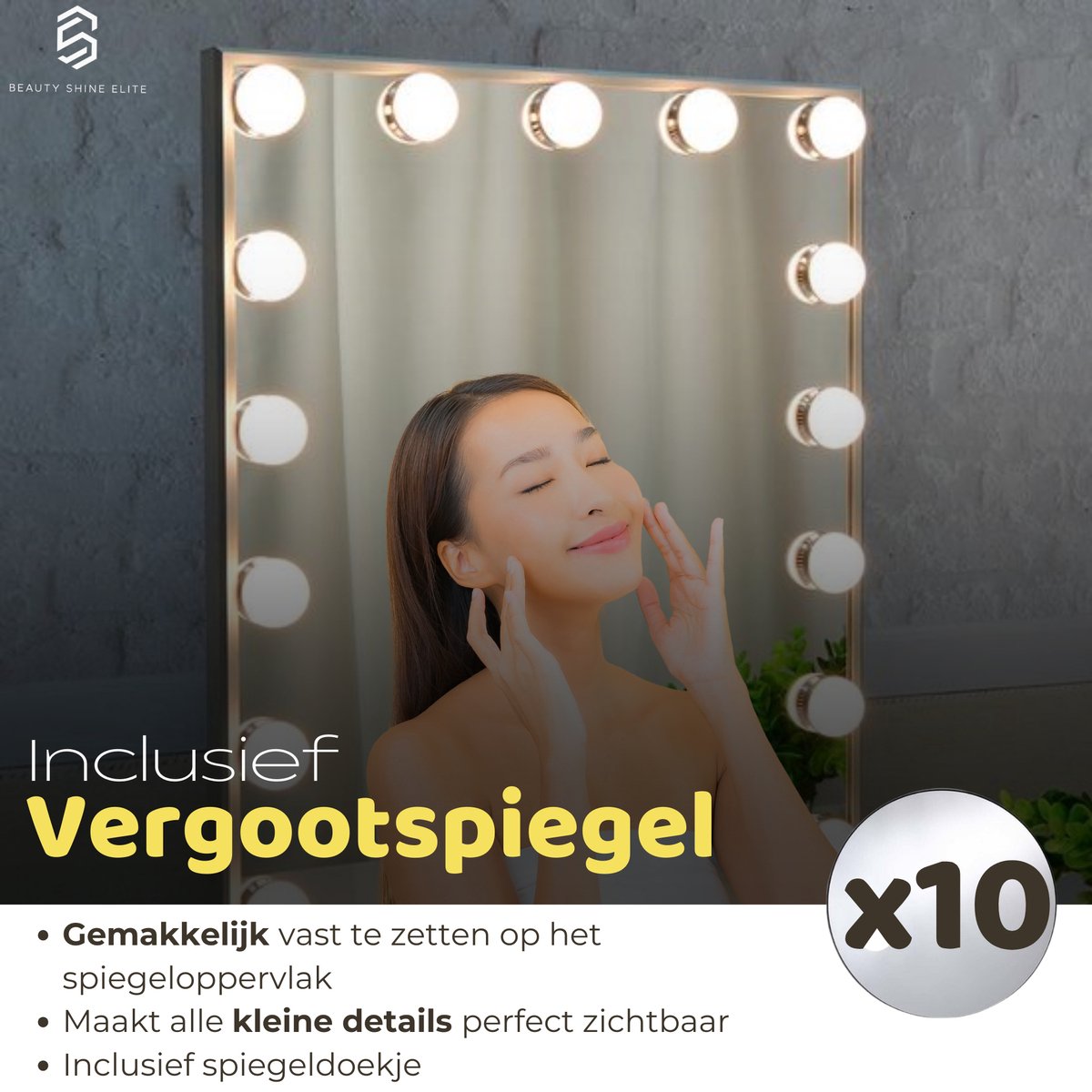 Beauty Shine Elite - Hoge Hollywood spiegel - Dimbaar - 3 lichtkleuren - LED verlichting - Make up spiegel - Wit - 65cmx48cm