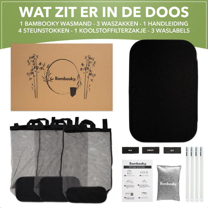 Bambooky.- Wasmand 3 vakken - 160L - Wassorteerder - Opvouwbaar - Wasmand met deksel - Zwart