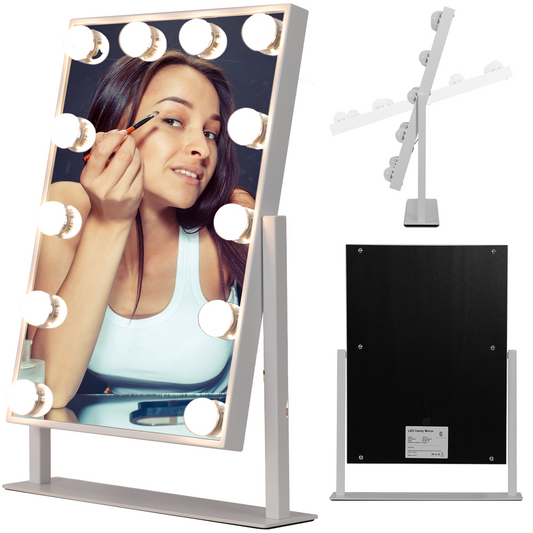 Beauty Shine Elite - Hollywood Makeup Mirror - 360 Degree Rotation - Three LED Light Settings - Makeup - Desktop Makeup Mirror - 30cm x 41cm White - Metal Frame