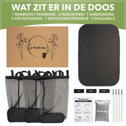 Bambooky - Wasmand 3 vakken - 160L - Wassorteerder - Met deksel - Grijs